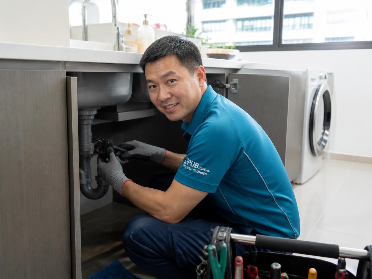 EZ Plumber technician repairing pipework under a kitchen sink in Singapore